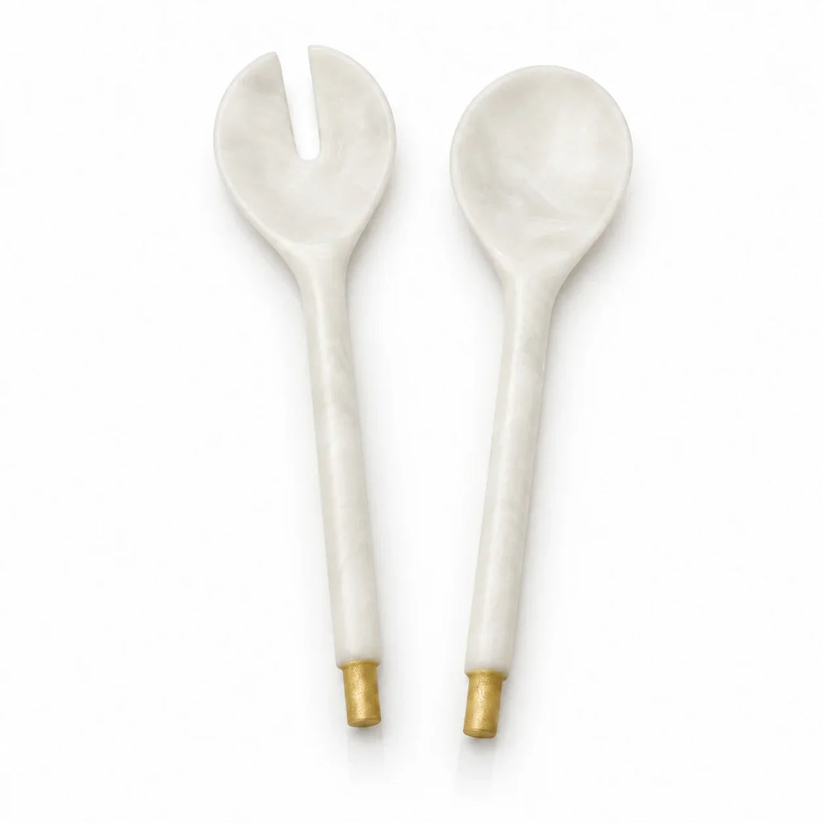White marble-look resin serving fork and spoon with gold-tipped handles, salad serveware