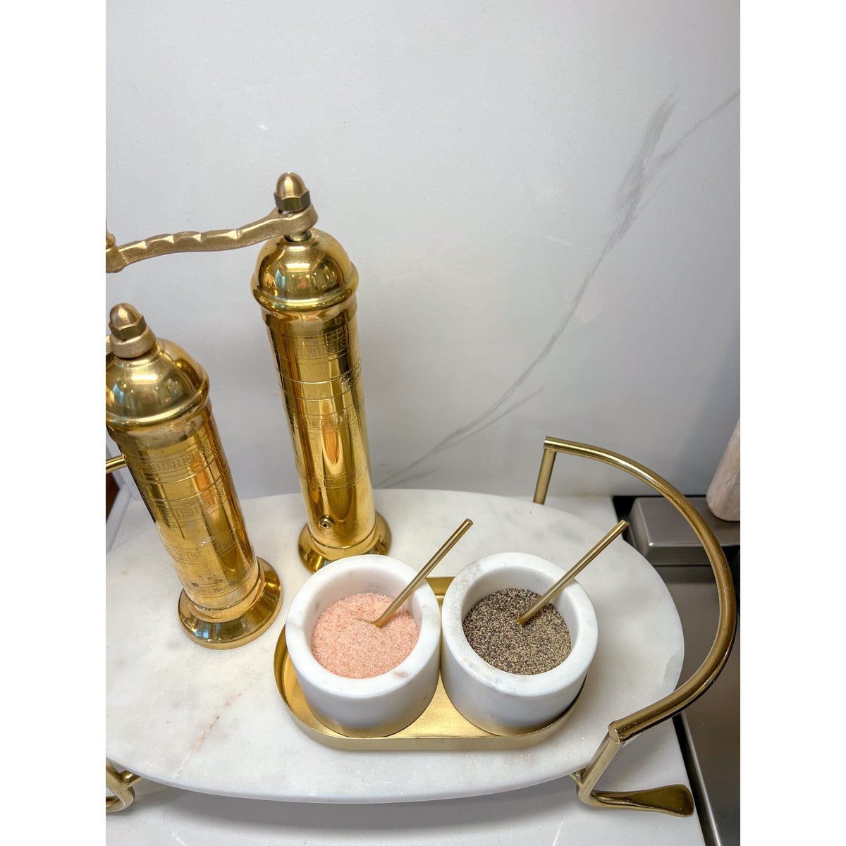 Marble Salt and Pepper Set with Gold Base and Spoons
