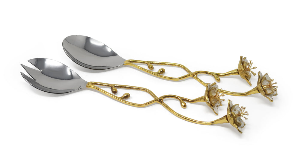 Gold Salad Server Set with Large White Enamel Flowers