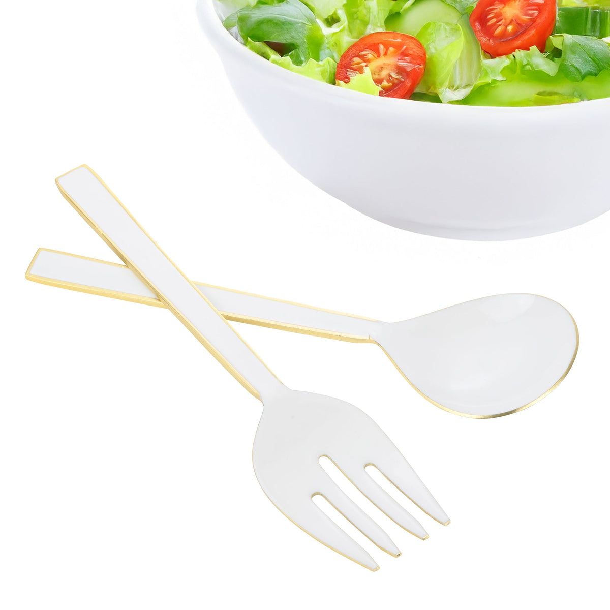 S/2 White Salad Server with Gold Rim and Back