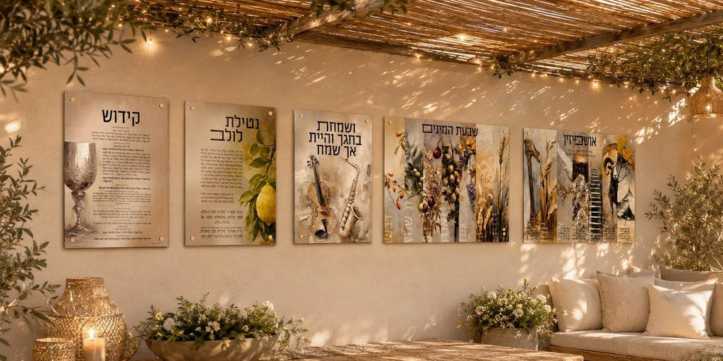 Painted by Batya set of five Lucite sukkah decorations in a row on a succah wall under string lights, for Sukkot