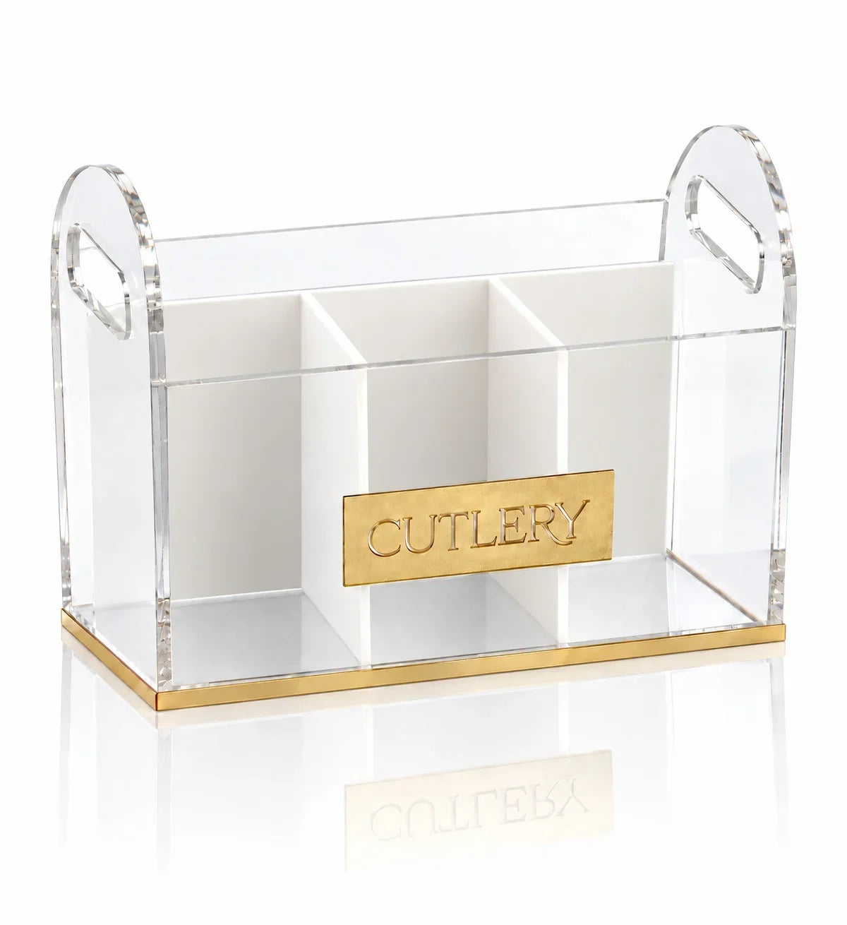 Classic Lucite silverware caddy with handles by Waterdale Collection, white dividers and a gold CUTLERY plaque