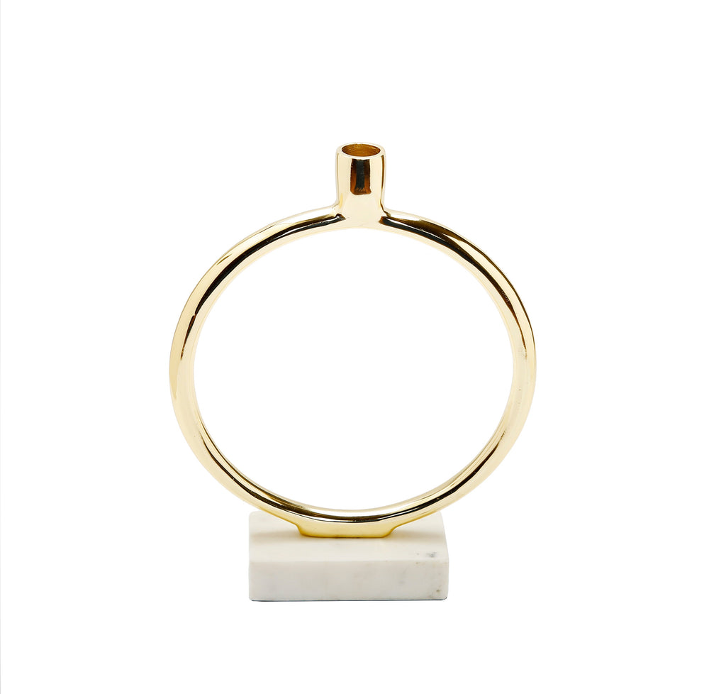 Gold Circular Taper Candle Holder on Marble Base - 11.75"H