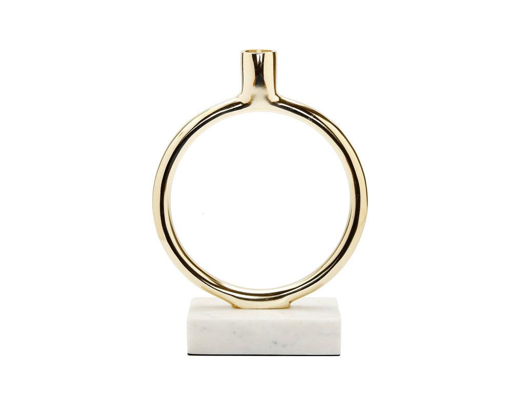 Gold Circular Taper Candle Holder on Marble Base - 9.75"H