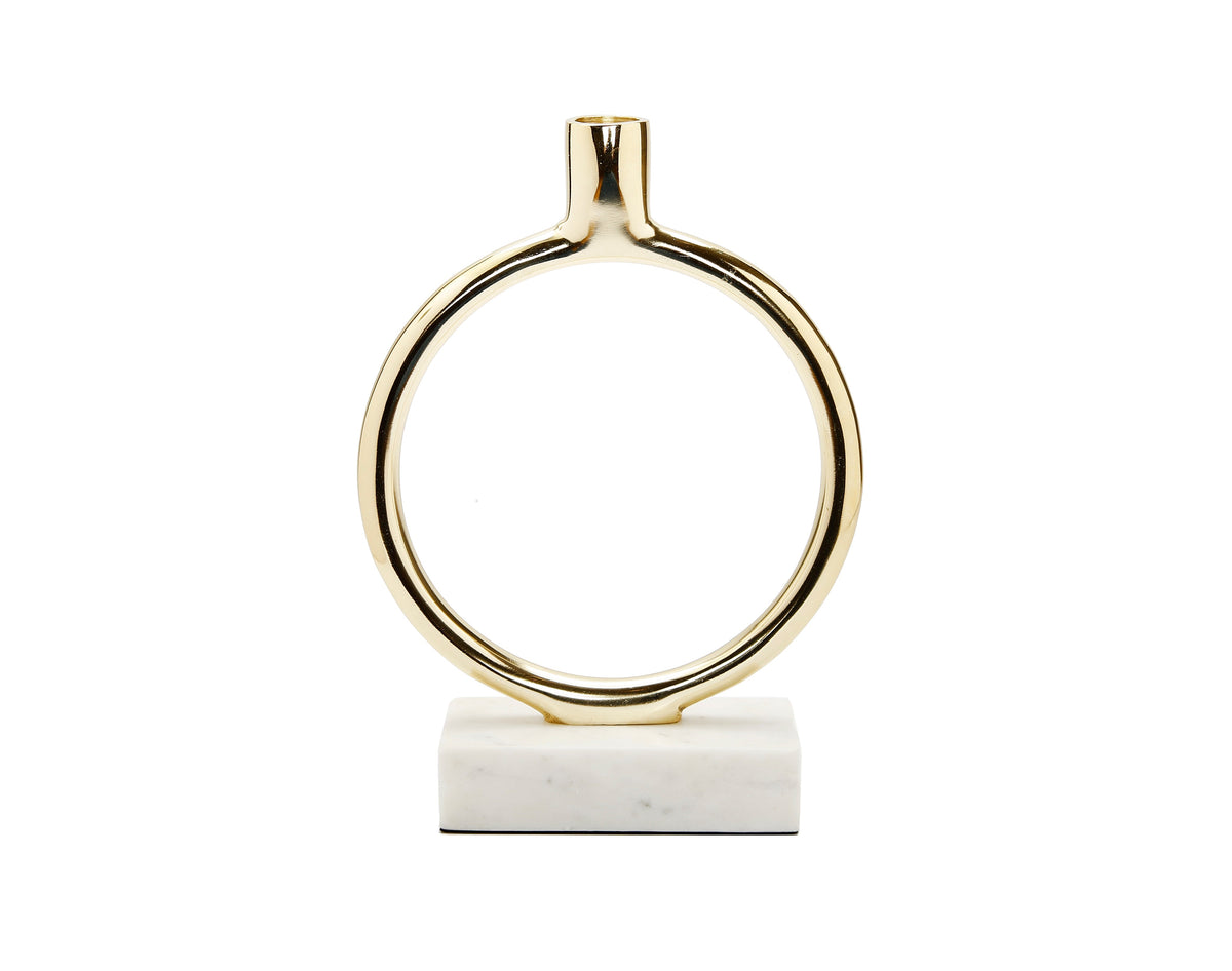 Gold Circular Taper Candle Holder on Marble Base - 9.75"H