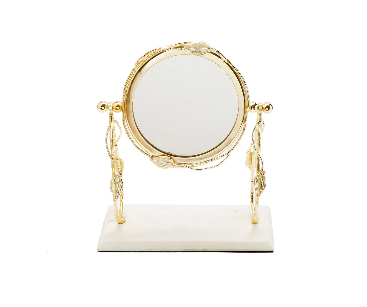 Table Mirror Gold leaf Border White Marble Base