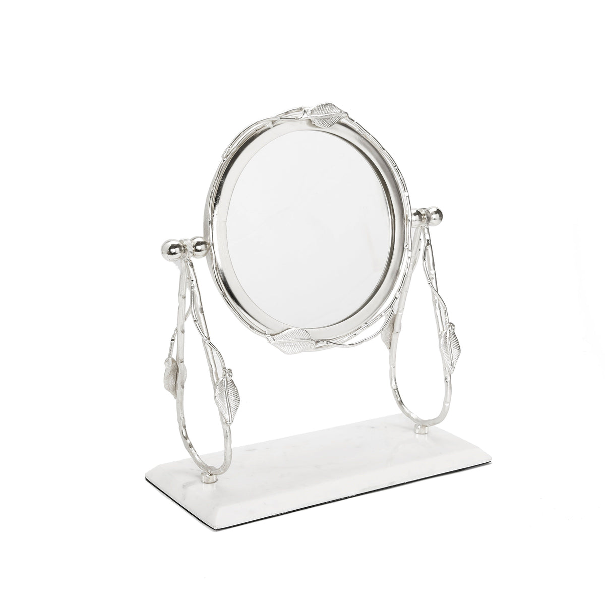 Table Mirror Silver leaf Border White 
Marble Base 12" x 5.5" 8"H