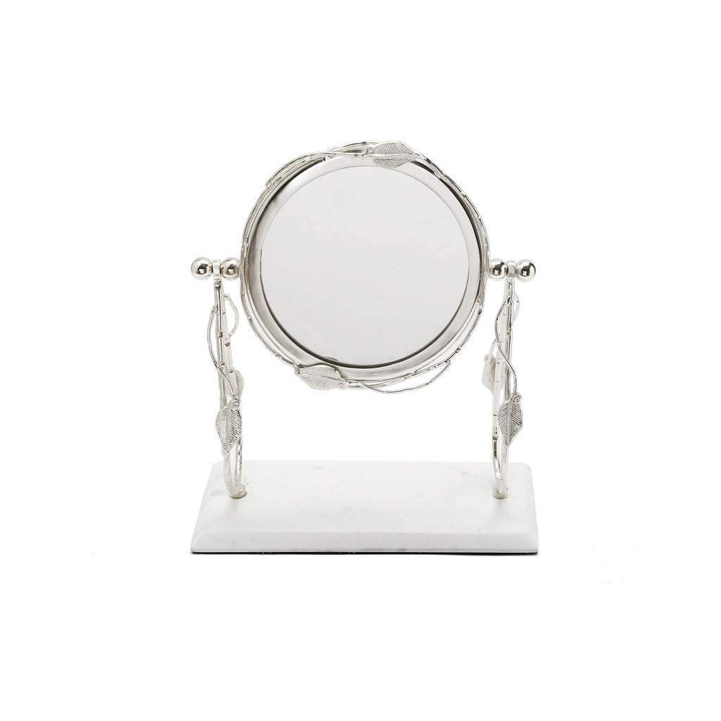 Table Mirror Silver leaf Border White 
Marble Base 12" x 5.5" 8"H