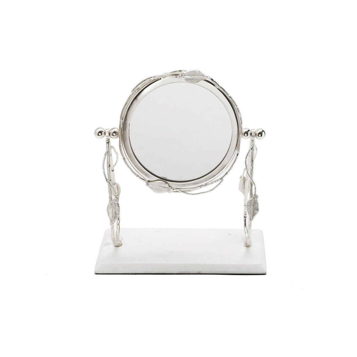 Table Mirror Silver leaf Border White 
Marble Base 12" x 5.5" 8"H
