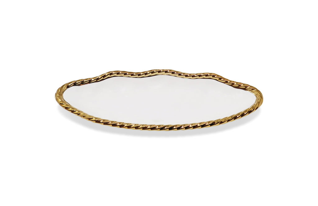 White Oval Bowl New Bone China with Gold Rope Scalloped Edge