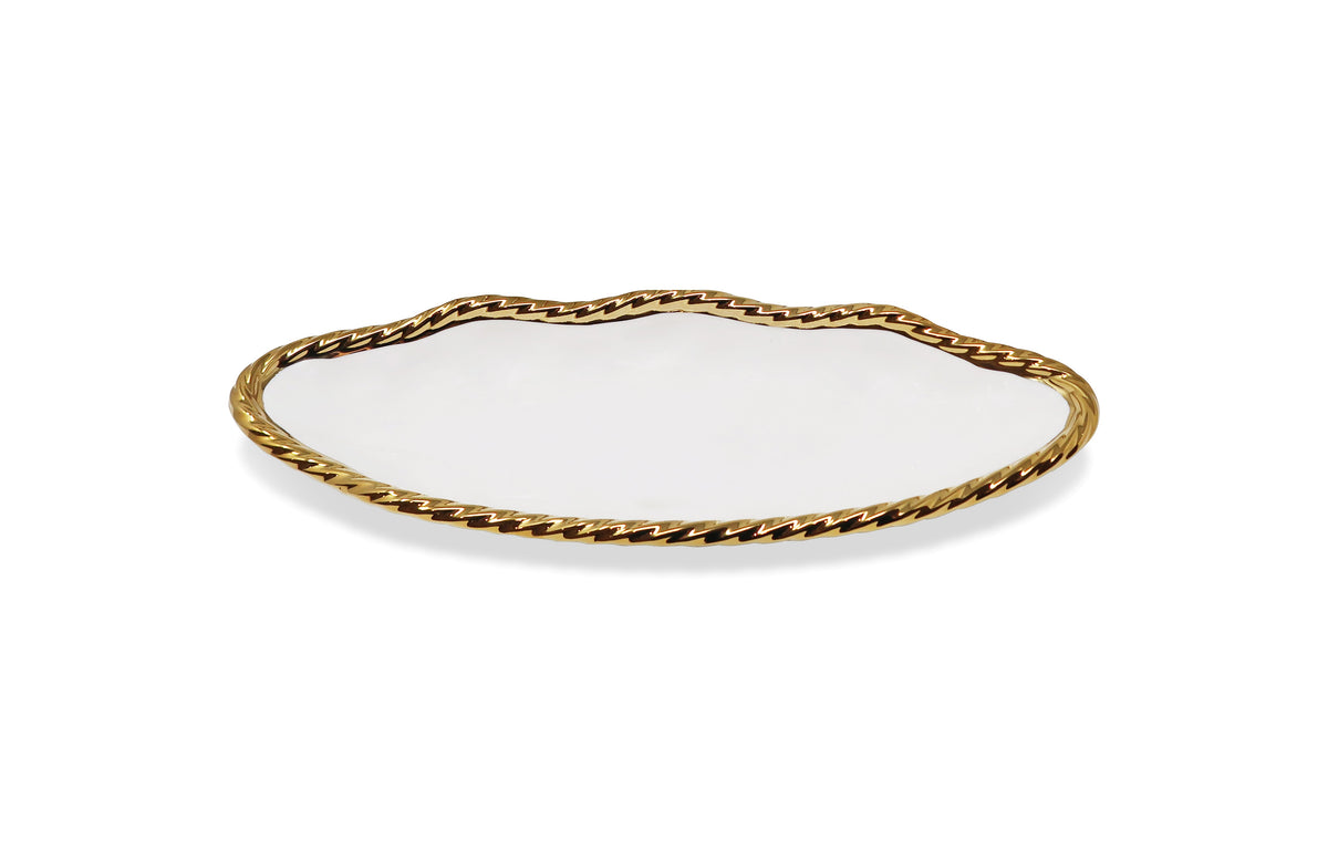 White Oval Bowl New Bone China with Gold Rope Scalloped Edge