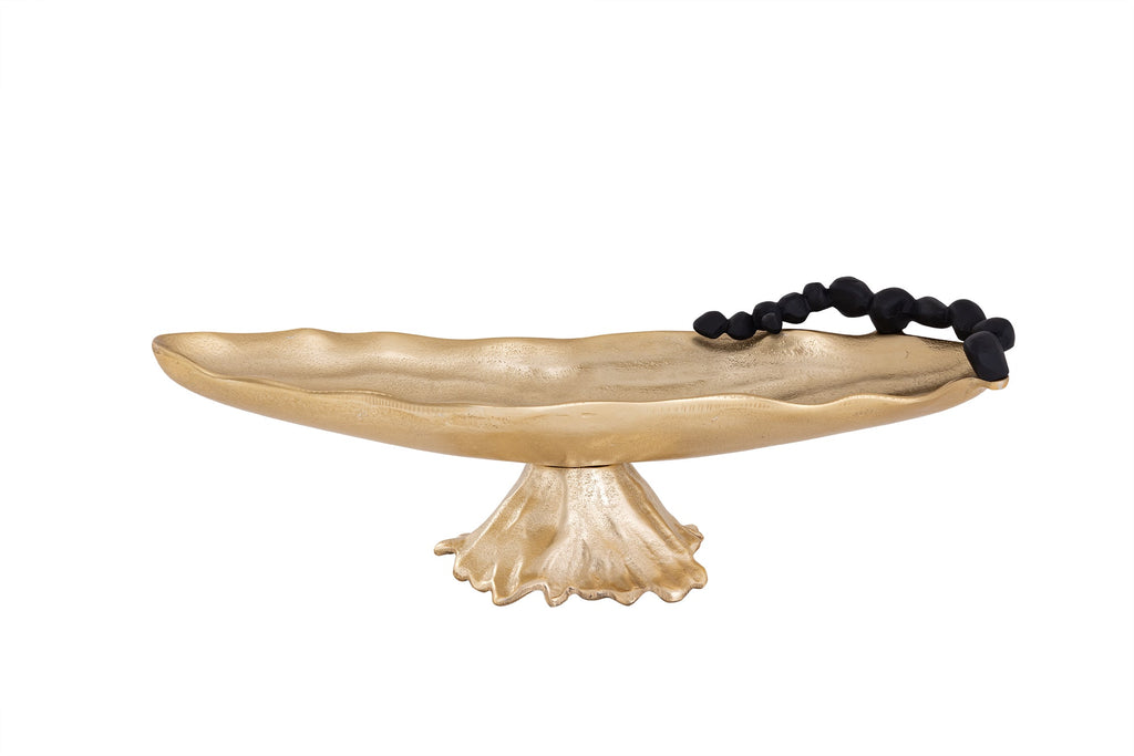 Footed Boat Dish with Black Pebble Design