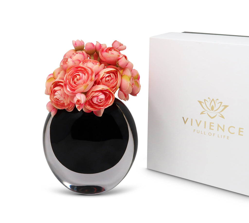 Double Wall Black Inlay Glass Vase with Pink Flowers