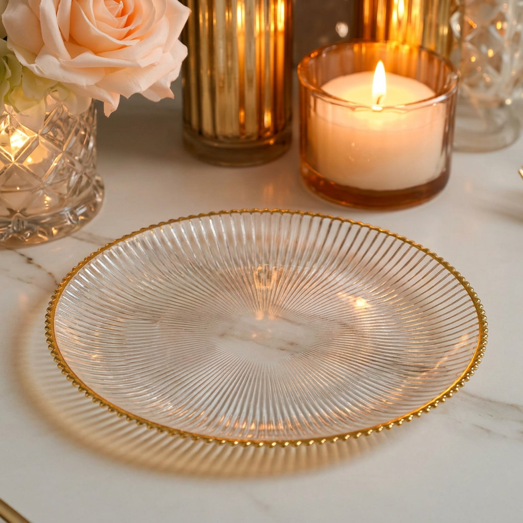 Set of 4 Ribbed Plates with Gold Rim