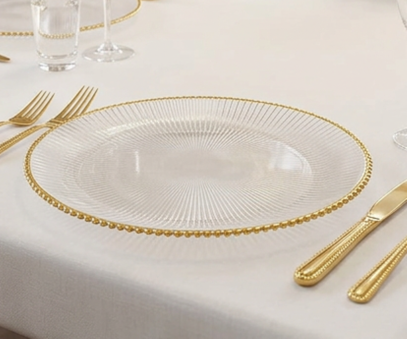 Set of 4 Ribbed Plates with Gold Rim