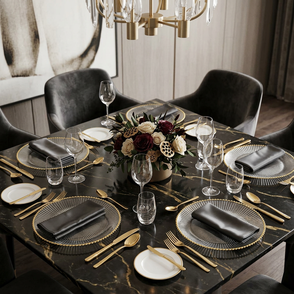 Set of 4 Ribbed Plates with Gold Rim
