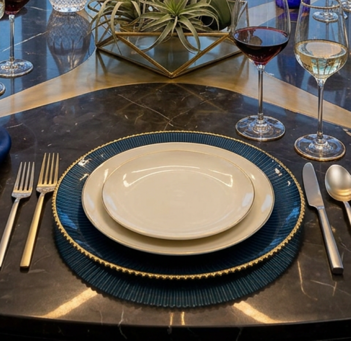 Set of 4 Chargers Ribbed with Gold Rim-12.5"D