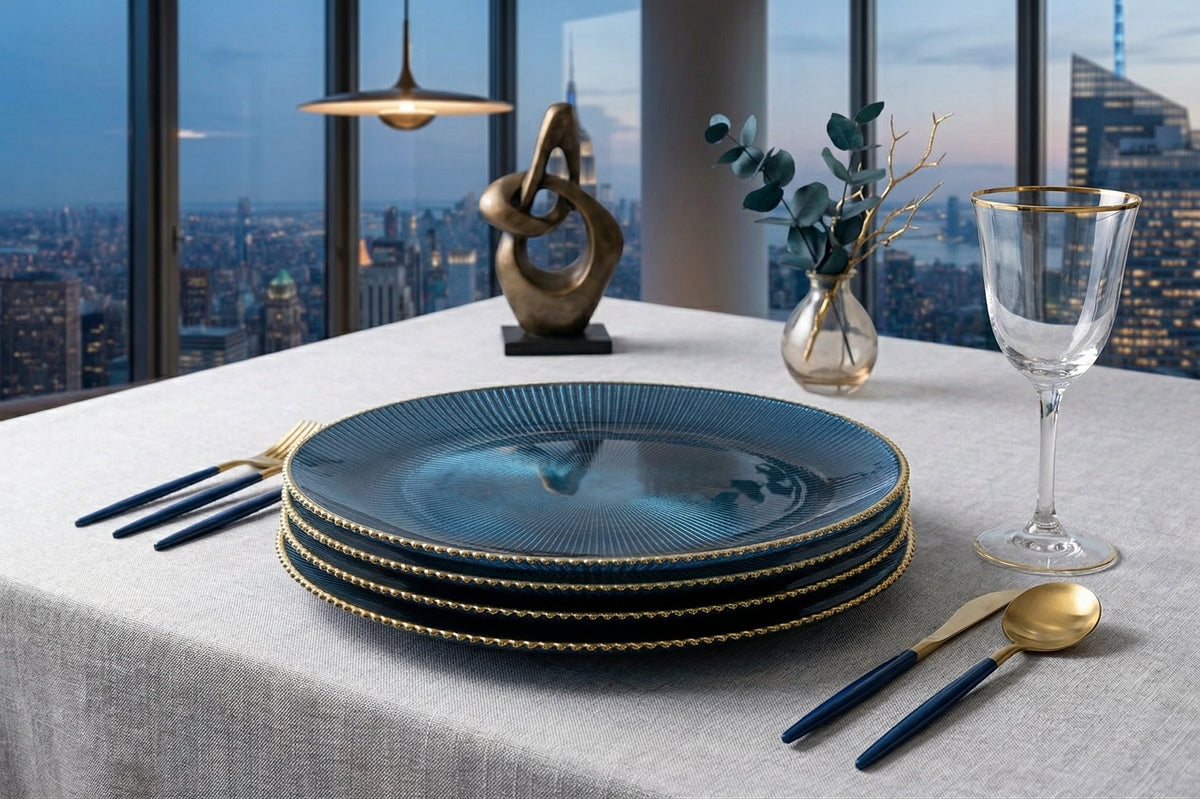 Set of 4 Chargers Ribbed with Gold Rim-12.5"D