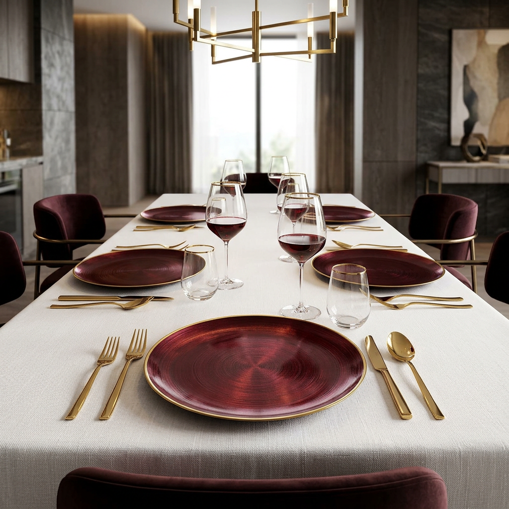 Set of 4 Chargers Burgundy with Gold Rim