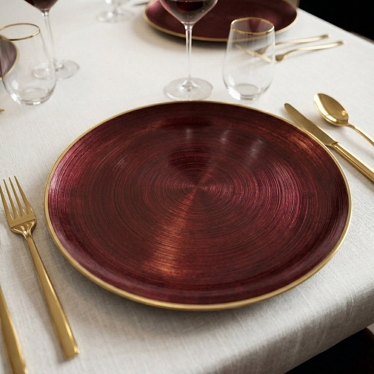 Set of 4 Chargers Burgundy with Gold Rim