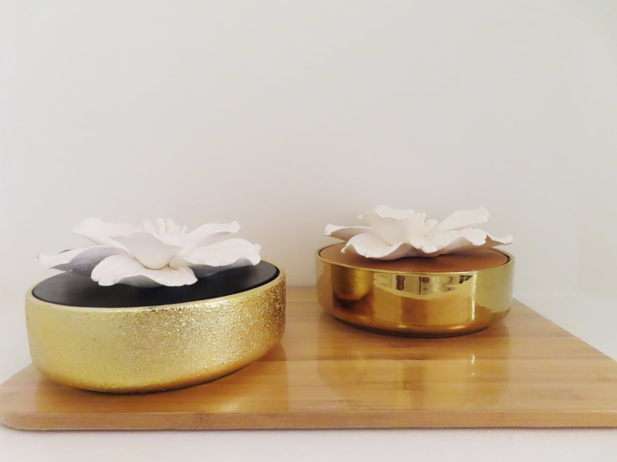 Glossy Gold Hemispheric shape Diffuser with White Flower, "English Pear & Freesia" Scent
