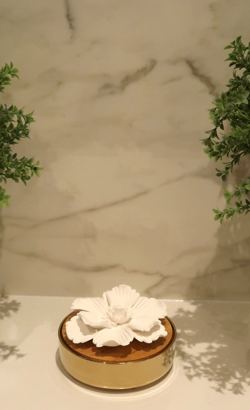 Glossy Gold Hemispheric shaped Diffuser with White Flower, "English Pear & Freesia" Scent