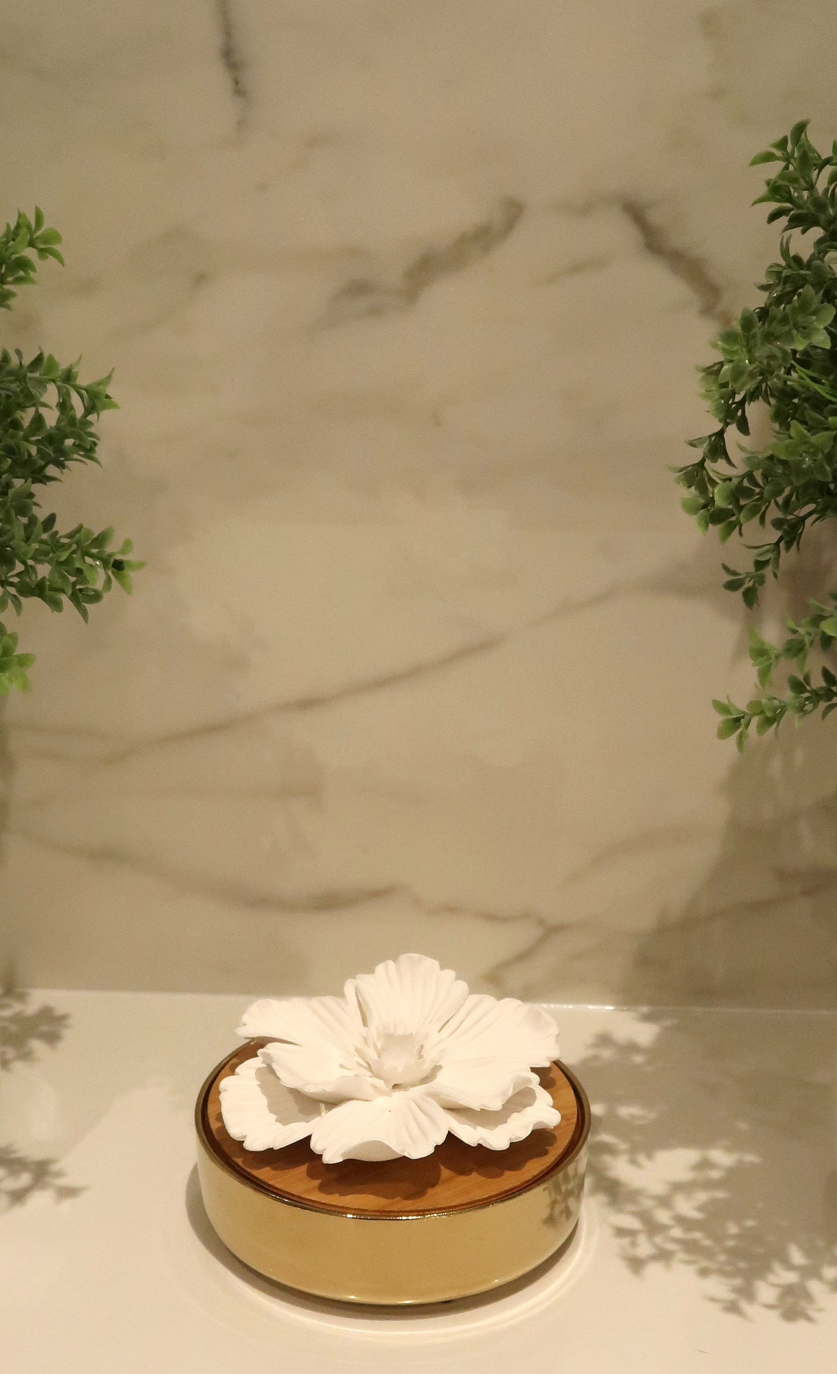 Glossy Gold Hemispheric shaped Diffuser with White Flower, "English Pear & Freesia" Scent