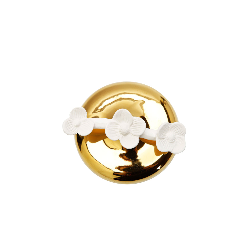 Gold Circular Diffuser with Three White Flowers, "English Pear & Freesia" Scent