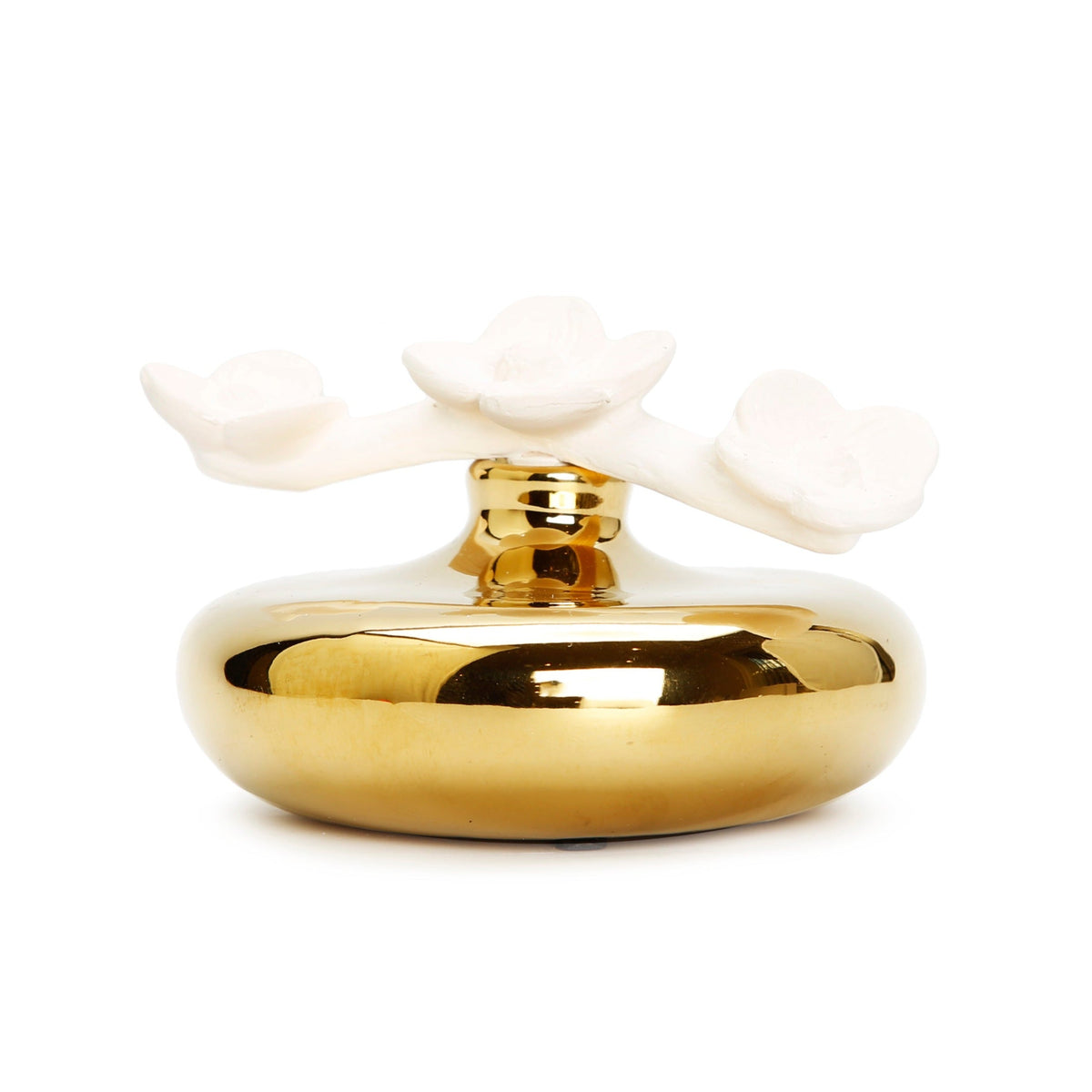 Gold Circular Diffuser with Three White Flowers, "English Pear & Freesia" Scent