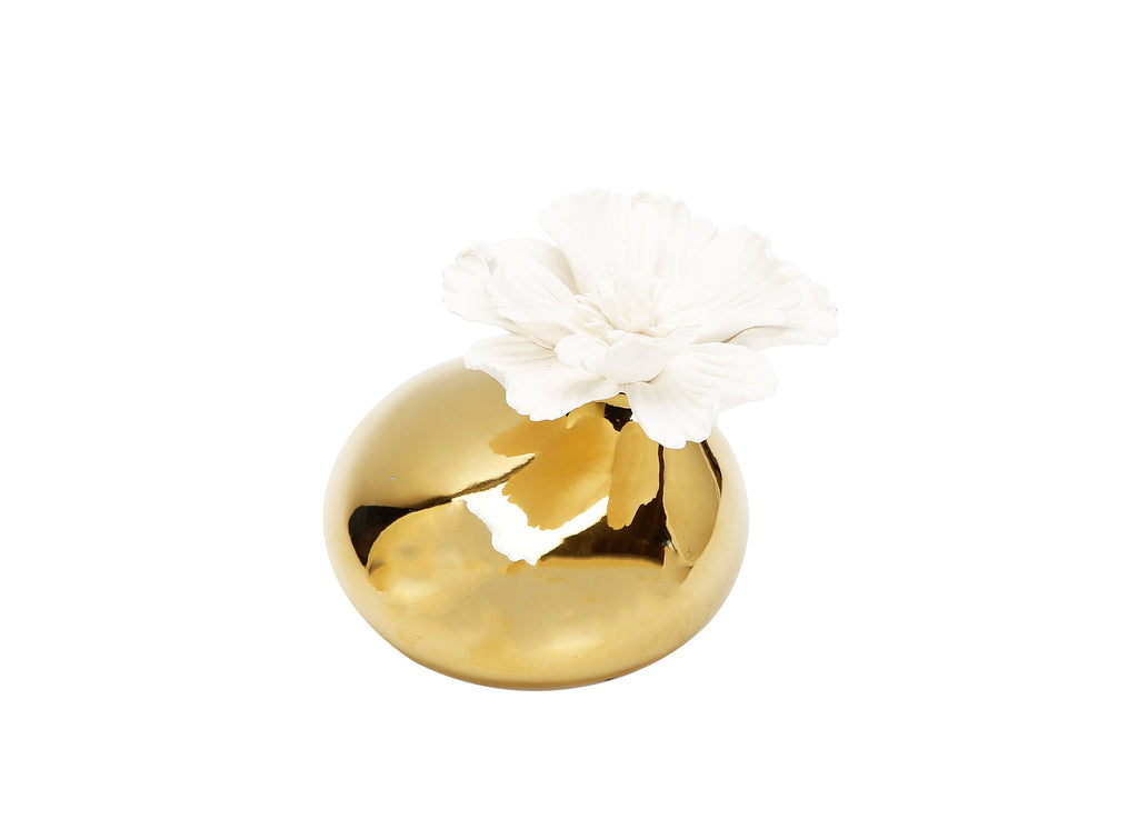 Gold Diffuser  with Dimensional White Flower, “Iris and Rose” aroma