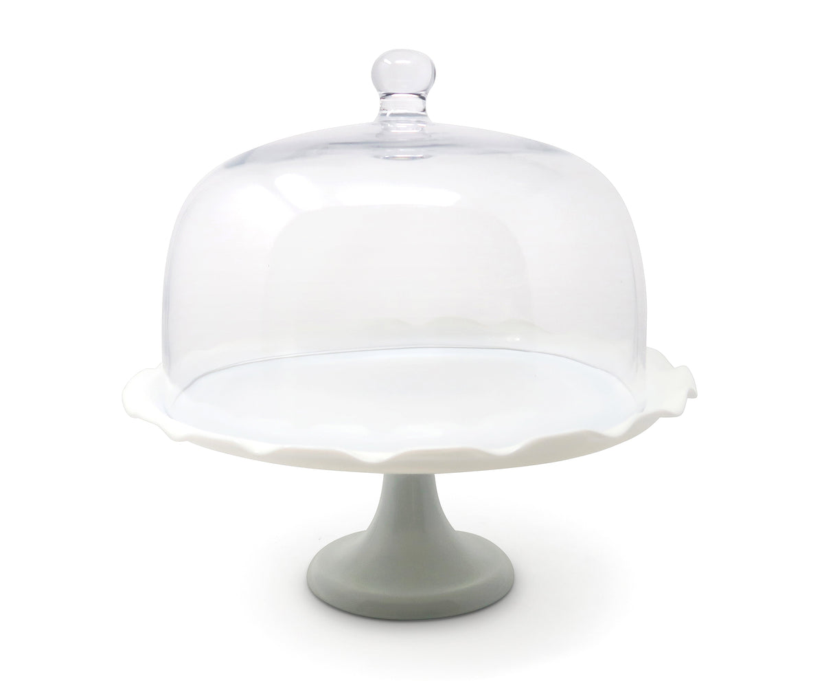 White Scalloped Cake Stand with Glass Dome