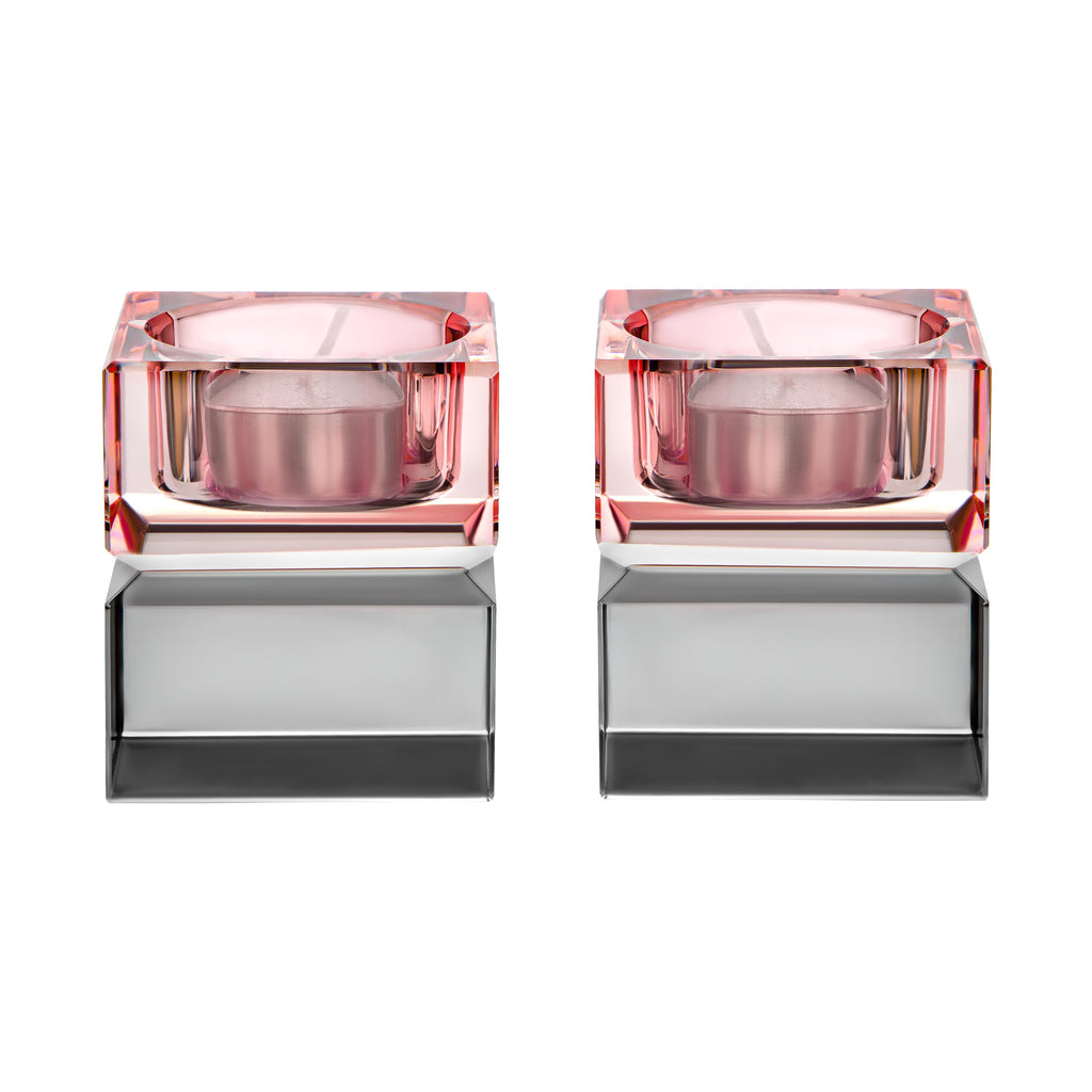 Set of 2 Tea Light Candle Holders Colored Blocks  - 2 x2 x2.1"H