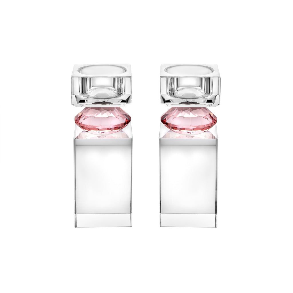 Set of 2 Tall Tea Light Candle Holders with Diamond on Foot