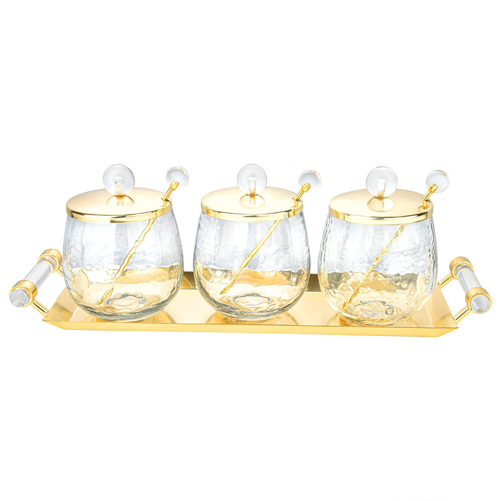 3 Canisters on Rectangle Tray with with Clear Ball Knobs
