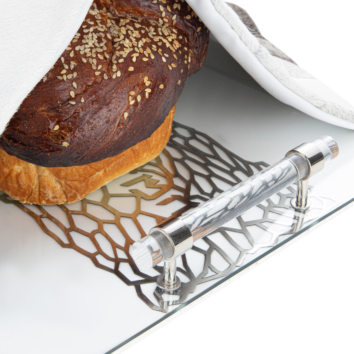 Acrylic Challah Tray Gold with Cylinder Handles