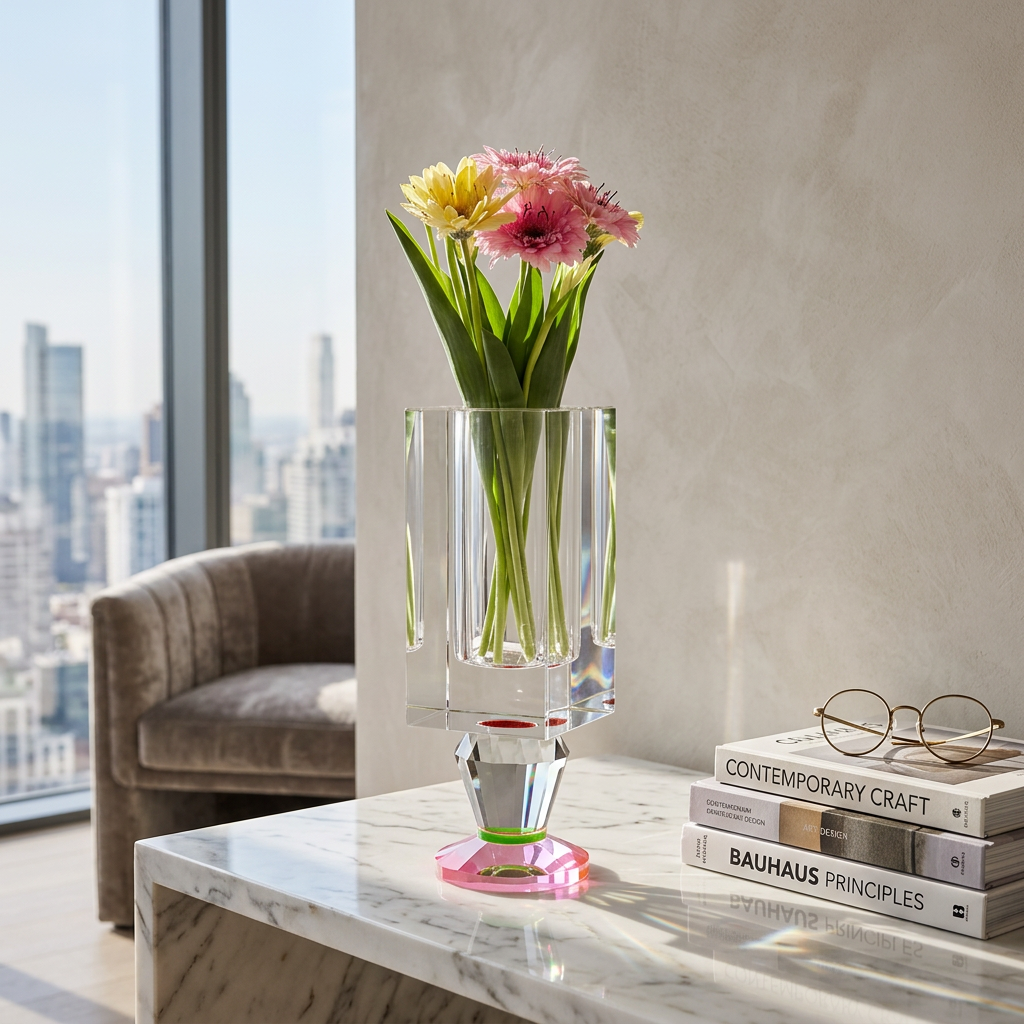 Crystal Vase with Pink and Smoke Color Base (2 Sizes)