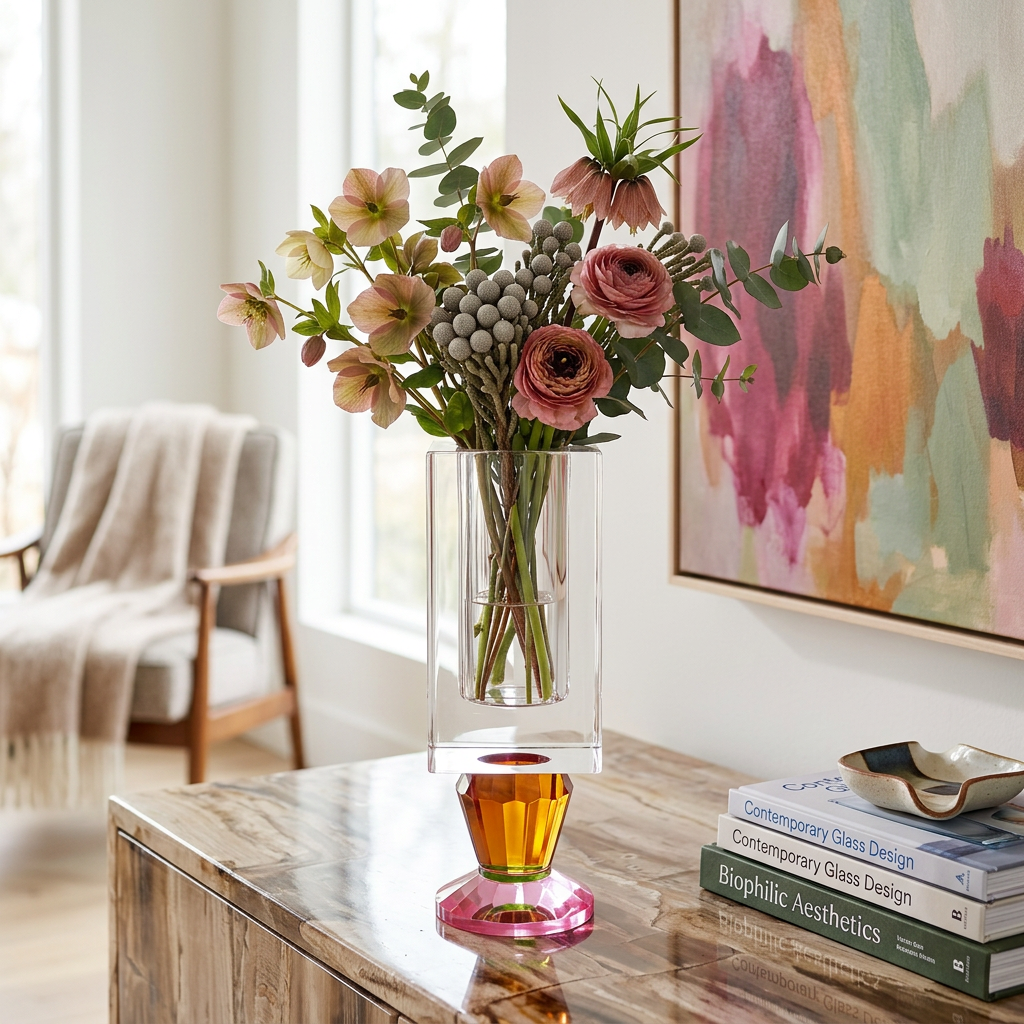 Crystal Vase with Pink and Smoke Color Base (2 Sizes)