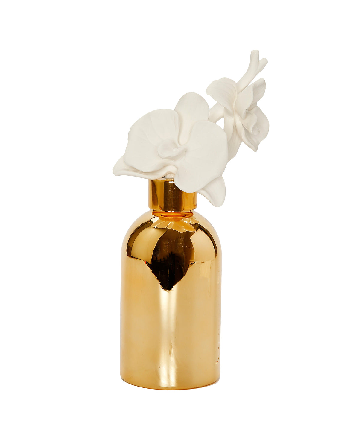 Gold Bottle Diffuser with Gold Cap and White Flower, "Lily of the Valley" Scent
