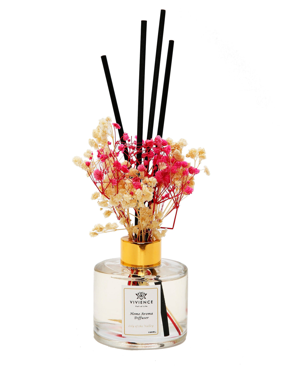Clear Bottle Diffuser with White and Pink Flowers, "Lily of the Valley"