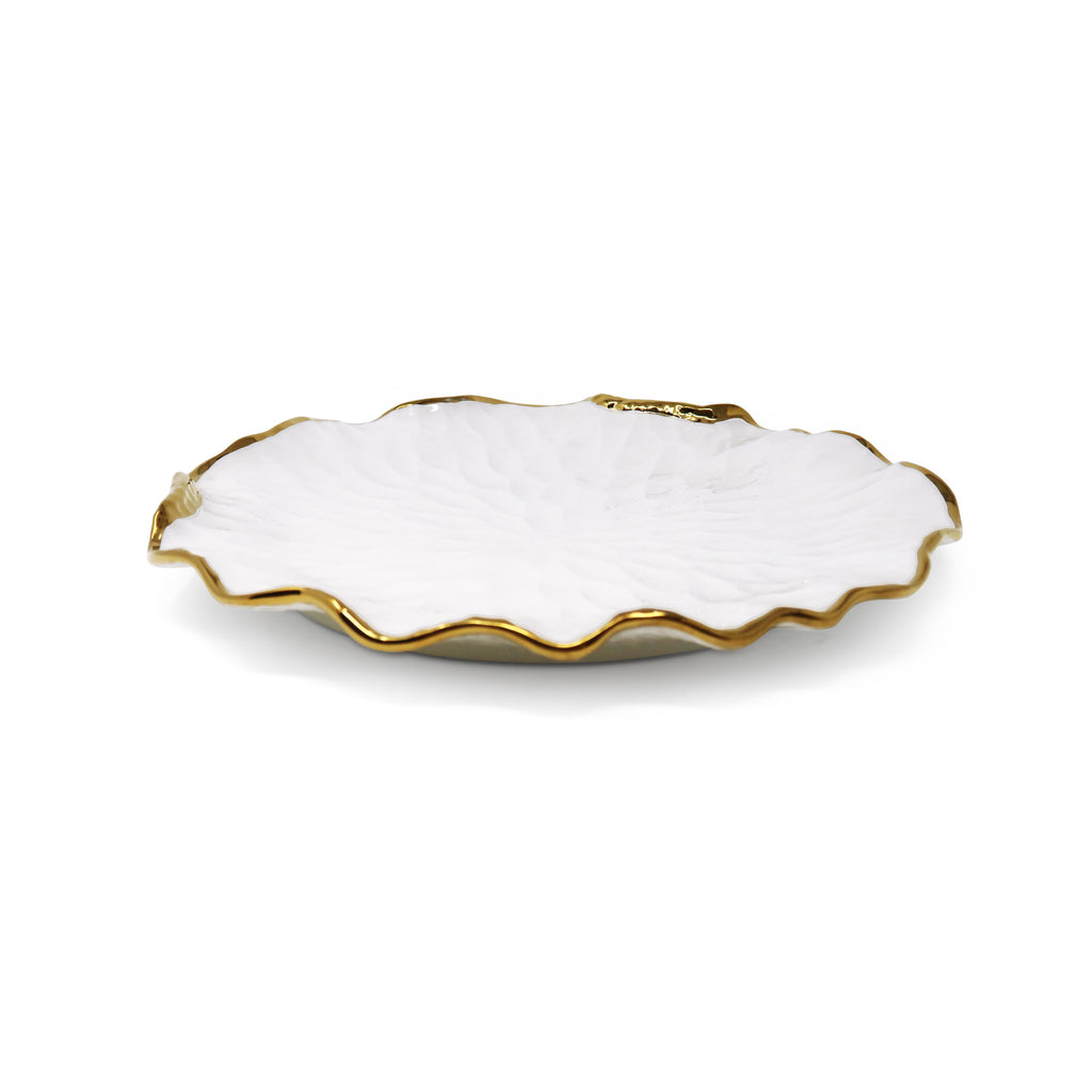 Set of 4 White Dinner Plates New Bone China with Gold Scalloped Edge