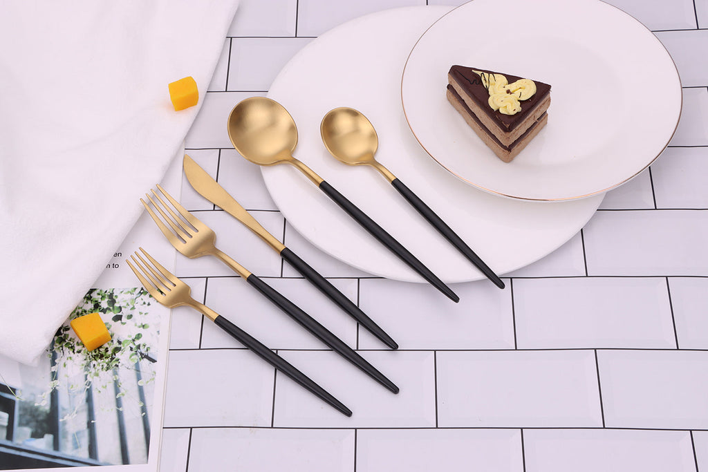 Morn 20 Pc Matte Gold Flatware Set with Black Handles, Service for 4