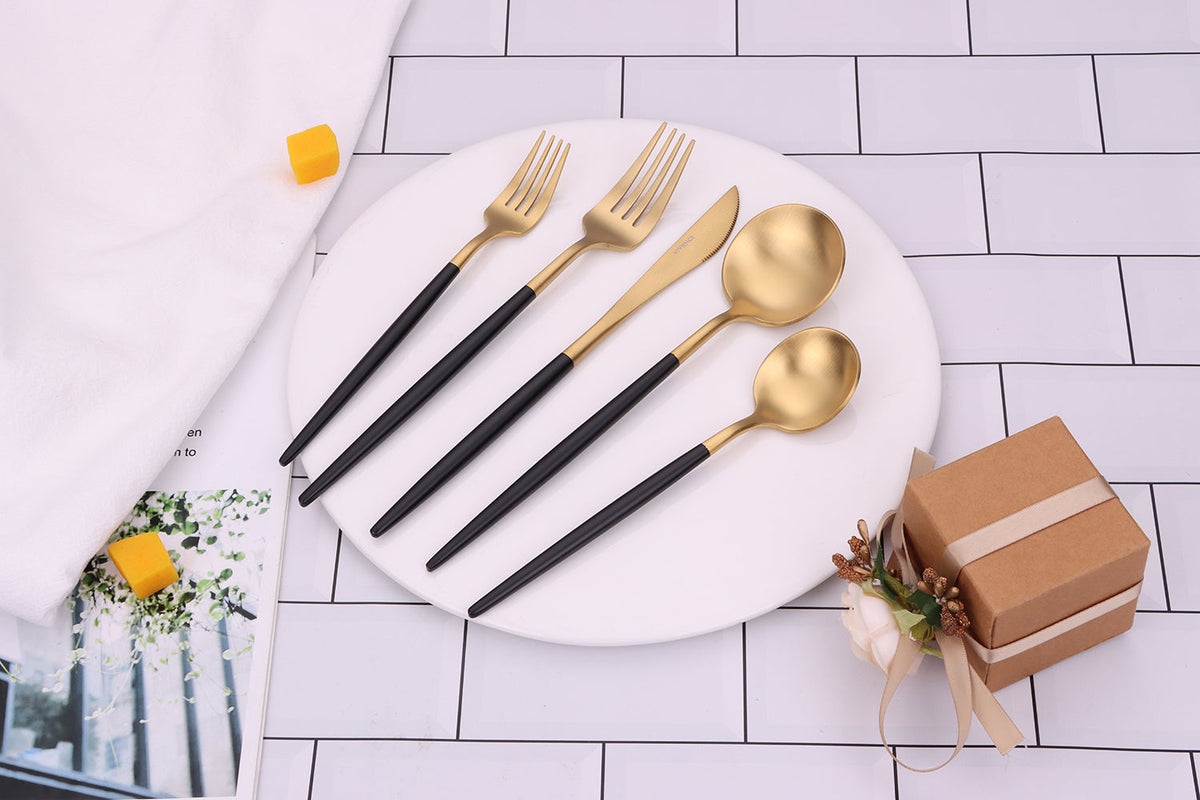 Morn 20 Pc Matte Gold Flatware Set with Black Handles, Service for 4