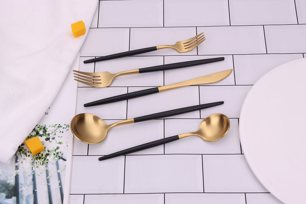Morn 20 Pc Matte Gold Flatware Set with Black Handles, Service for 4