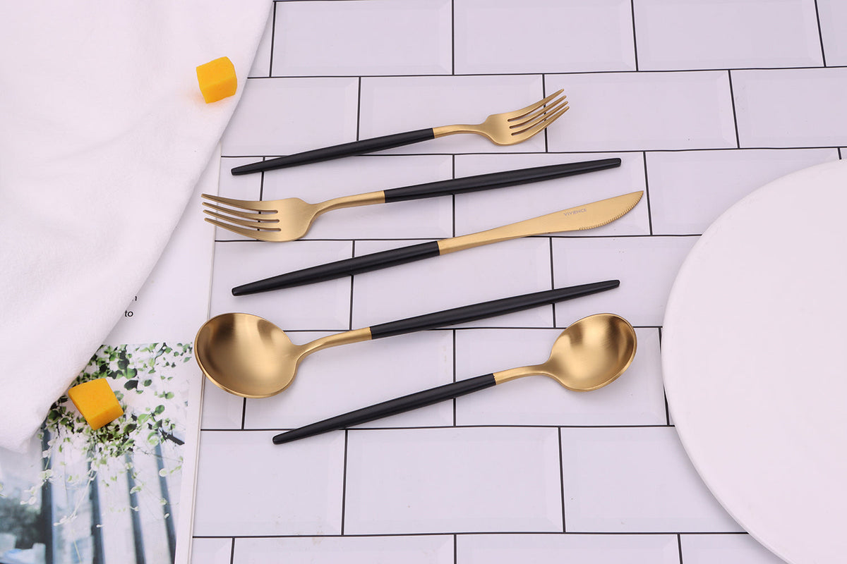 Morn 20 Pc Matte Gold Flatware Set with Black Handles, Service for 4