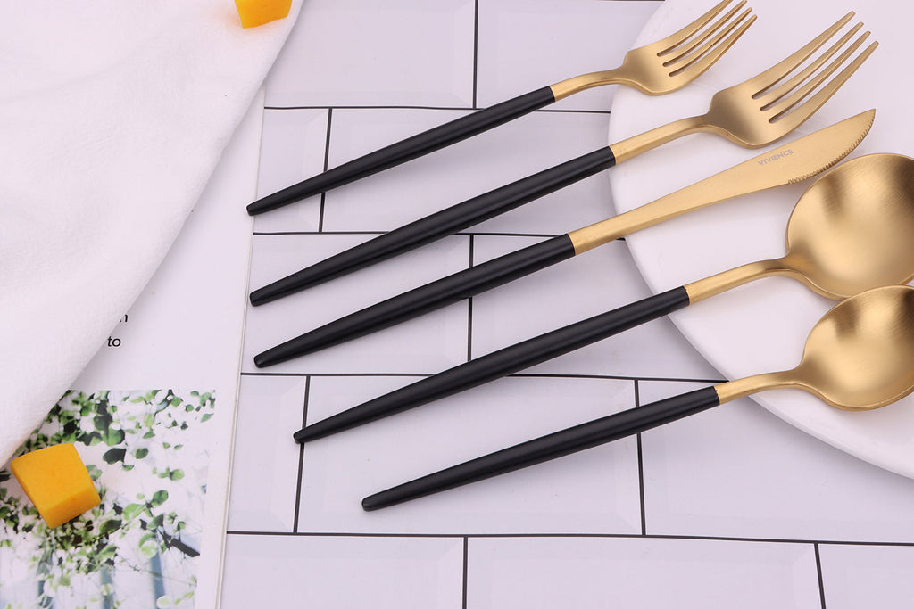 Morn 20 Pc Matte Gold Flatware Set with Black Handles, Service for 4