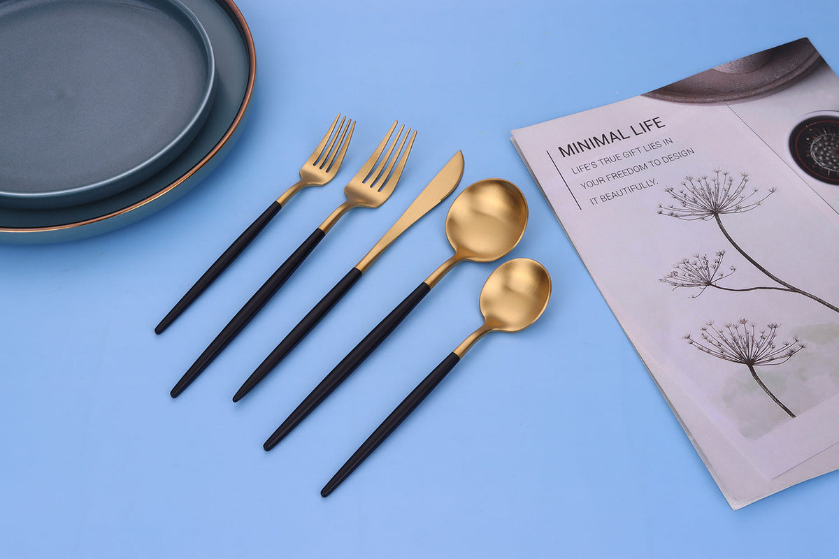 Morn 20 Pc Matte Gold Flatware Set with Black Handles, Service for 4