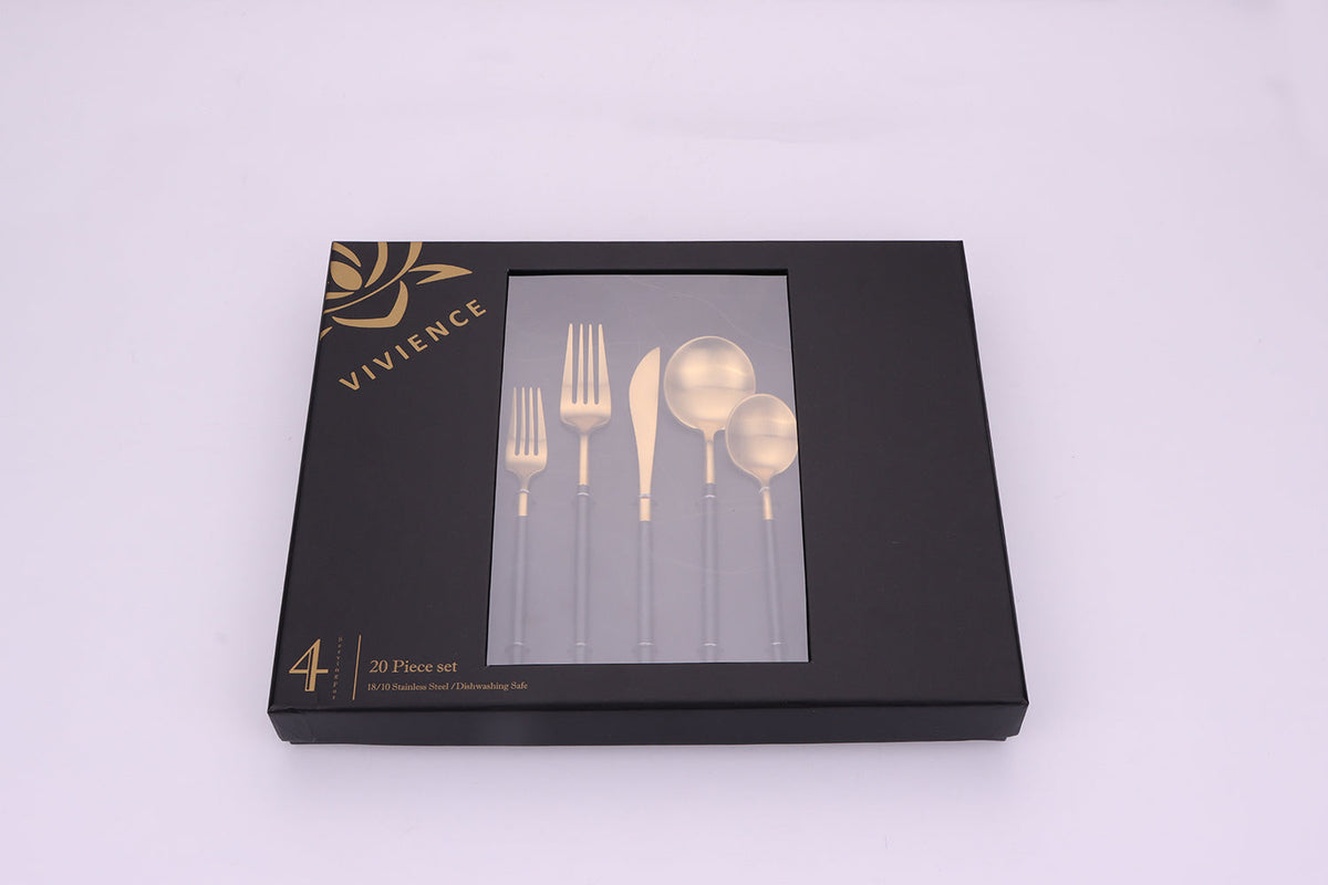 Morn 20 Pc Matte Gold Flatware Set with Black Handles, Service for 4