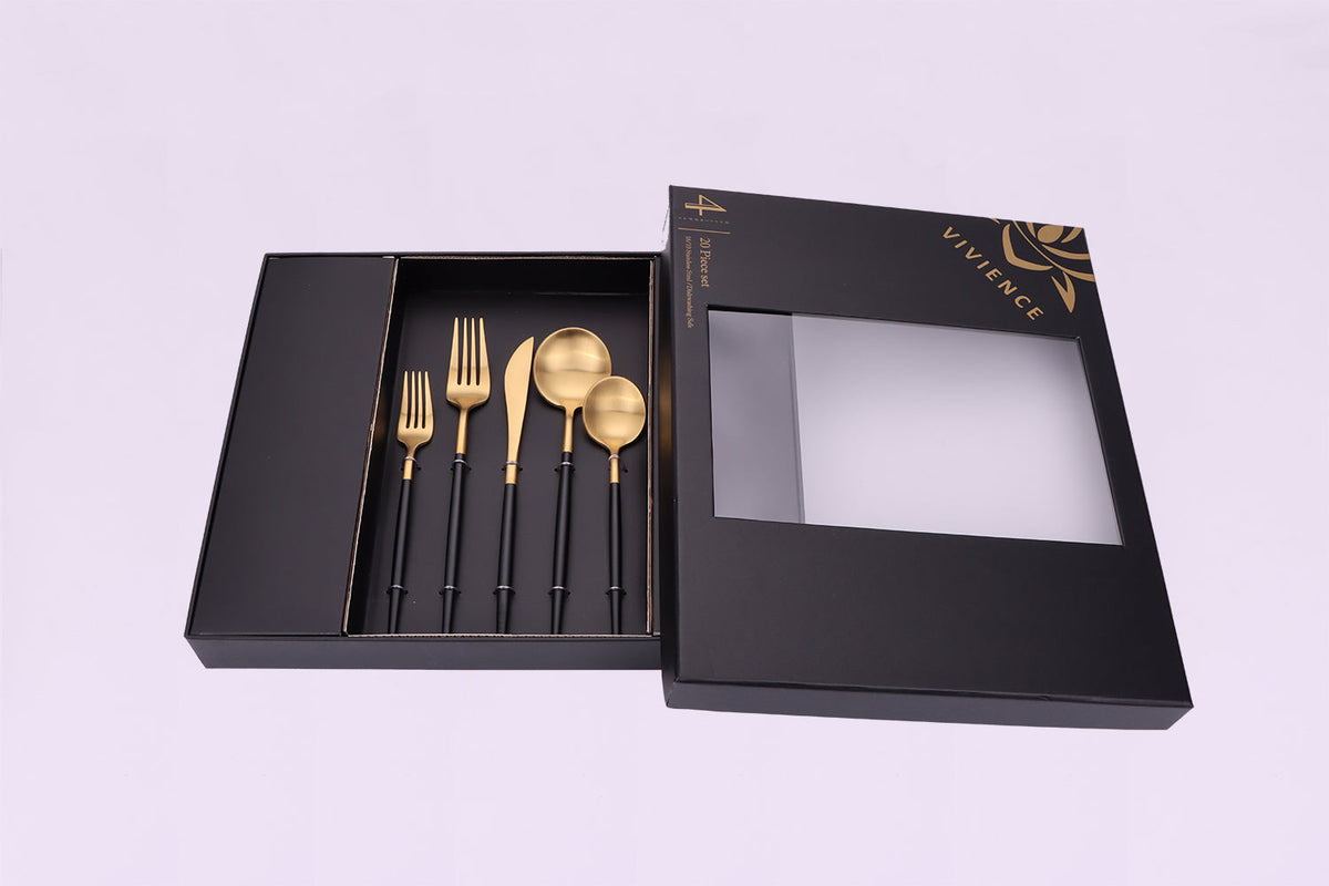 Morn 20 Pc Matte Gold Flatware Set with Black Handles, Service for 4