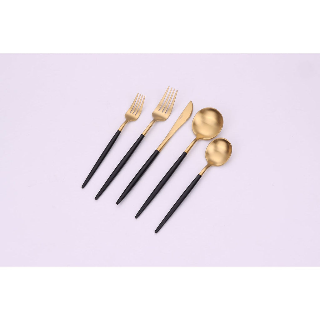 Morn 20 Pc Matte Gold Flatware Set with Black Handles, Service for 4
