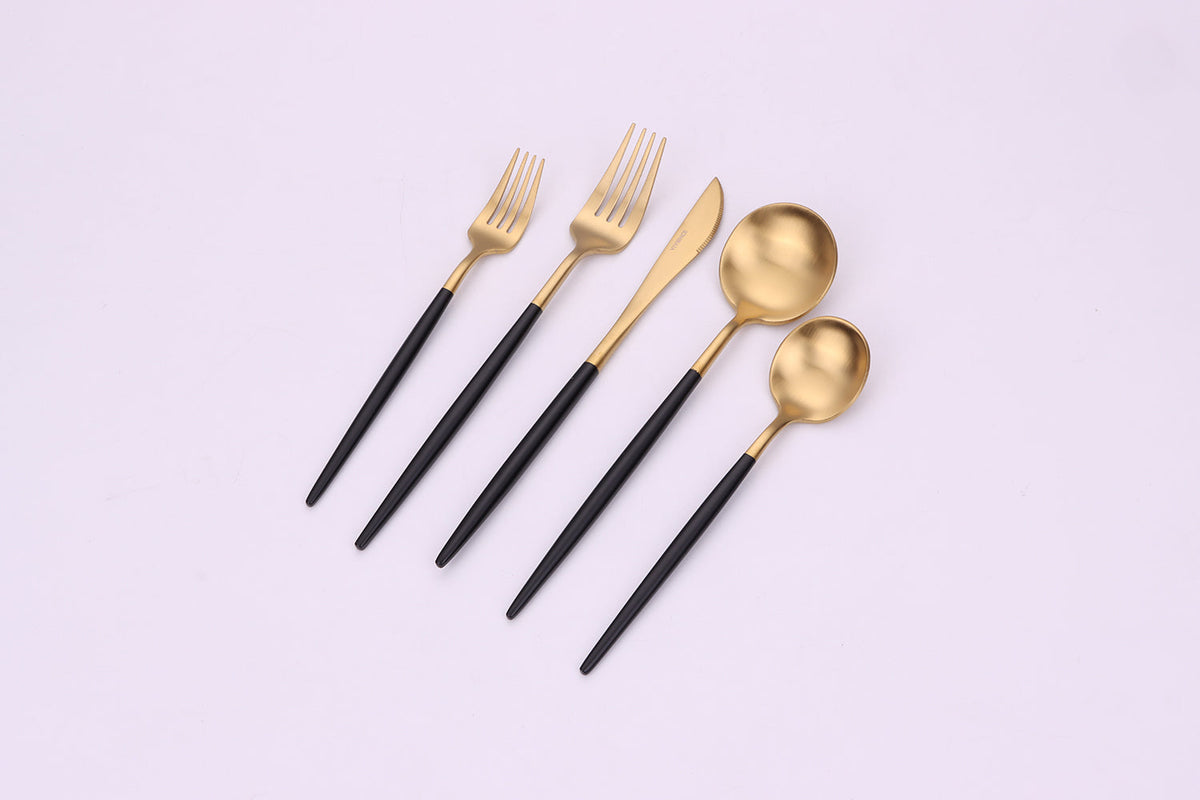 Morn 20 Pc Matte Gold Flatware Set with Black Handles, Service for 4